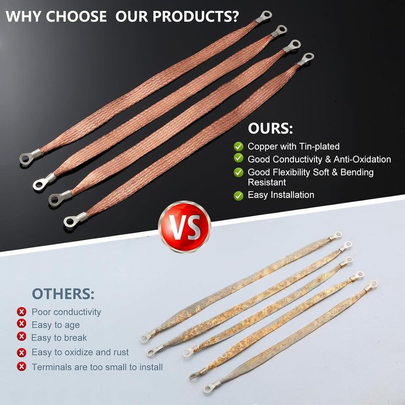 Jeyoon 4PCS Universal Automotive Flat Braided Copper Ground Strap, 12" x 1/2" Professional Engine Grounding Cable Straps with Terminal Plugs,Vehicle Ground Strap, Tinned Copper Grounding Strap Wire for Cars - Image 3